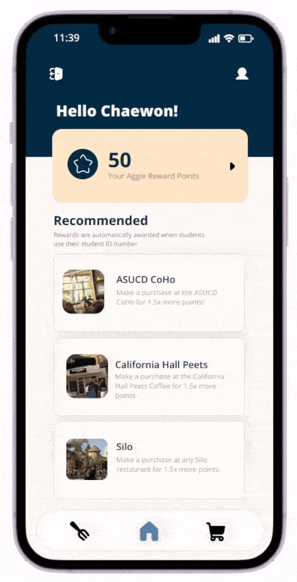 AggieRewards home, recommended locations and ordering flow