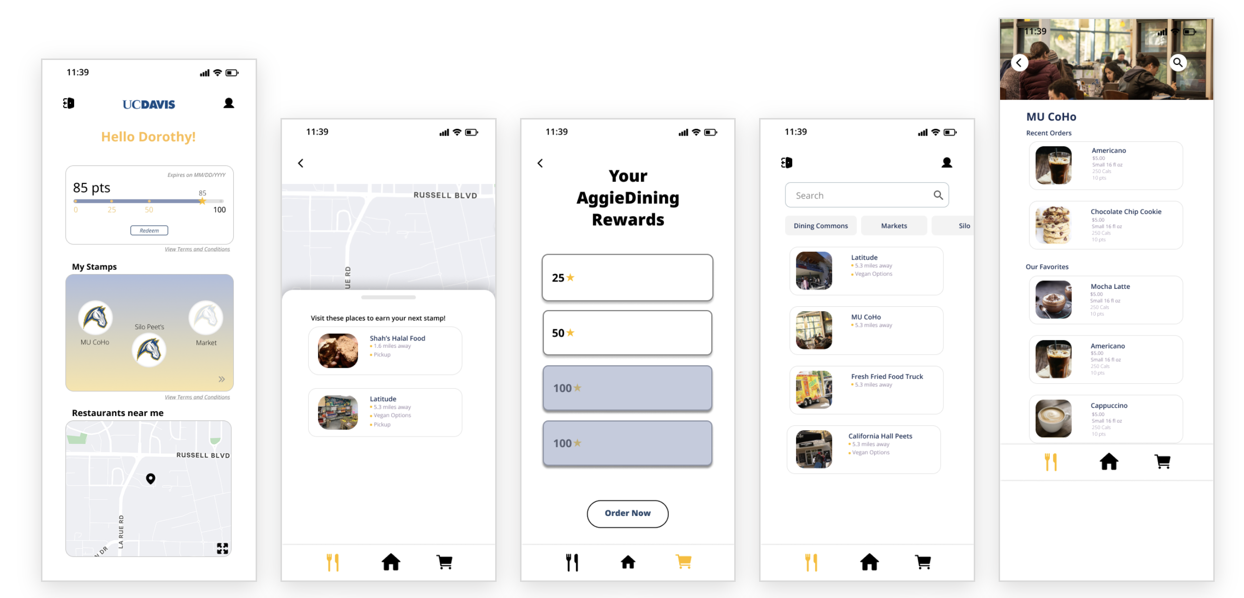 Mid-fidelity screens: home with points and stamp card, map, rewards tiers, dining locations, and a location's order page