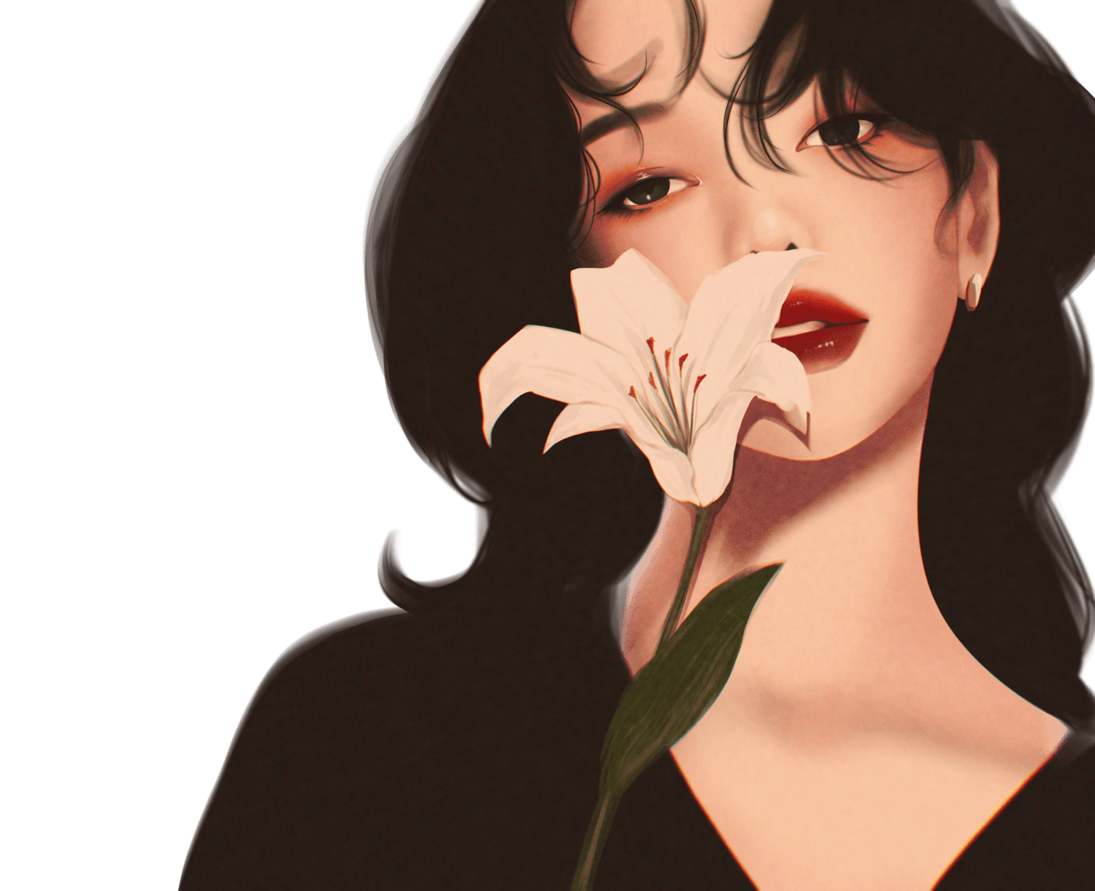 Digital painting of a woman holding a white lily