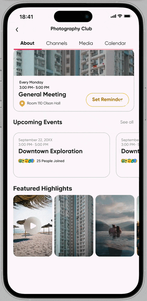 DavisDot prototype: Photography Club community page with about, channels, and events