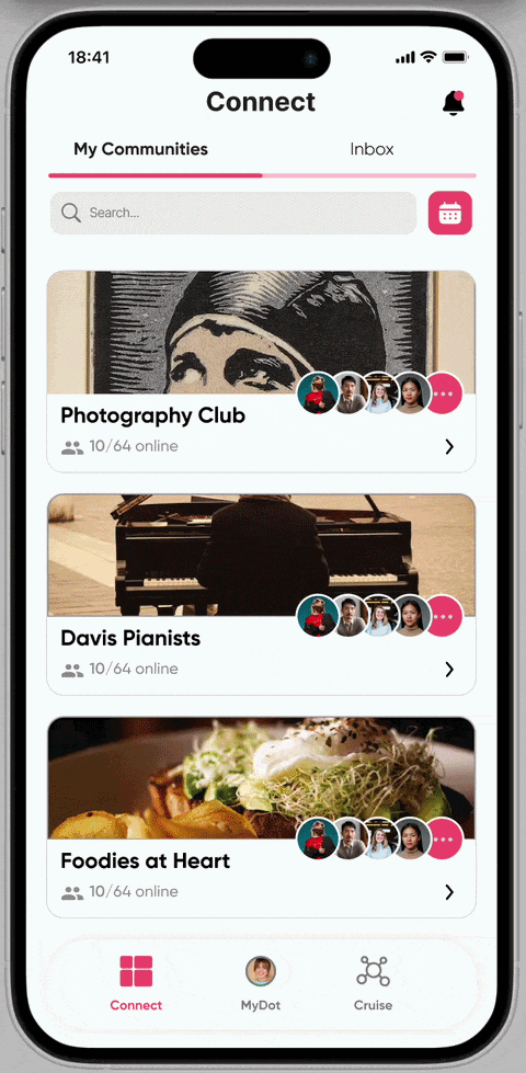DavisDot prototype: Connect page showing joined communities
