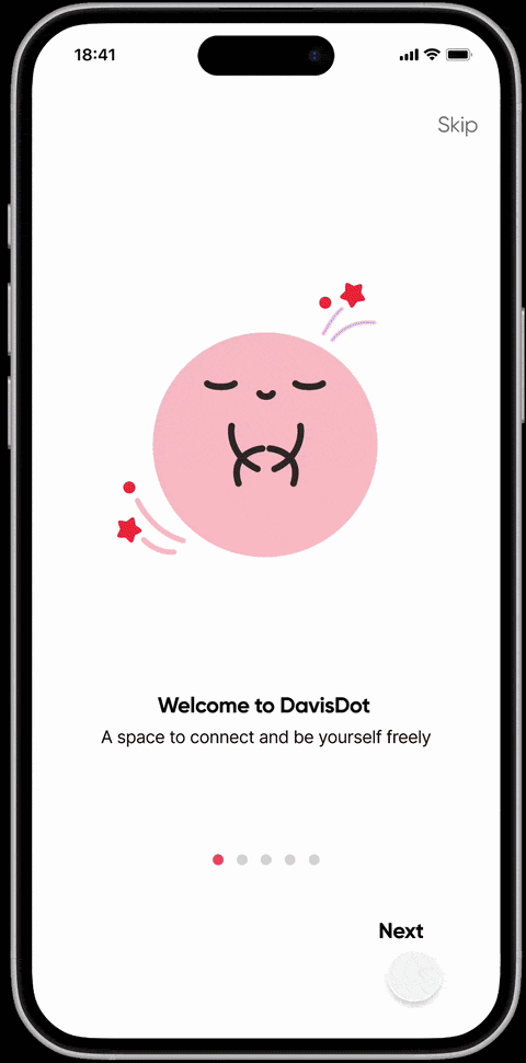 DavisDot onboarding flow with mascot-guided walkthrough