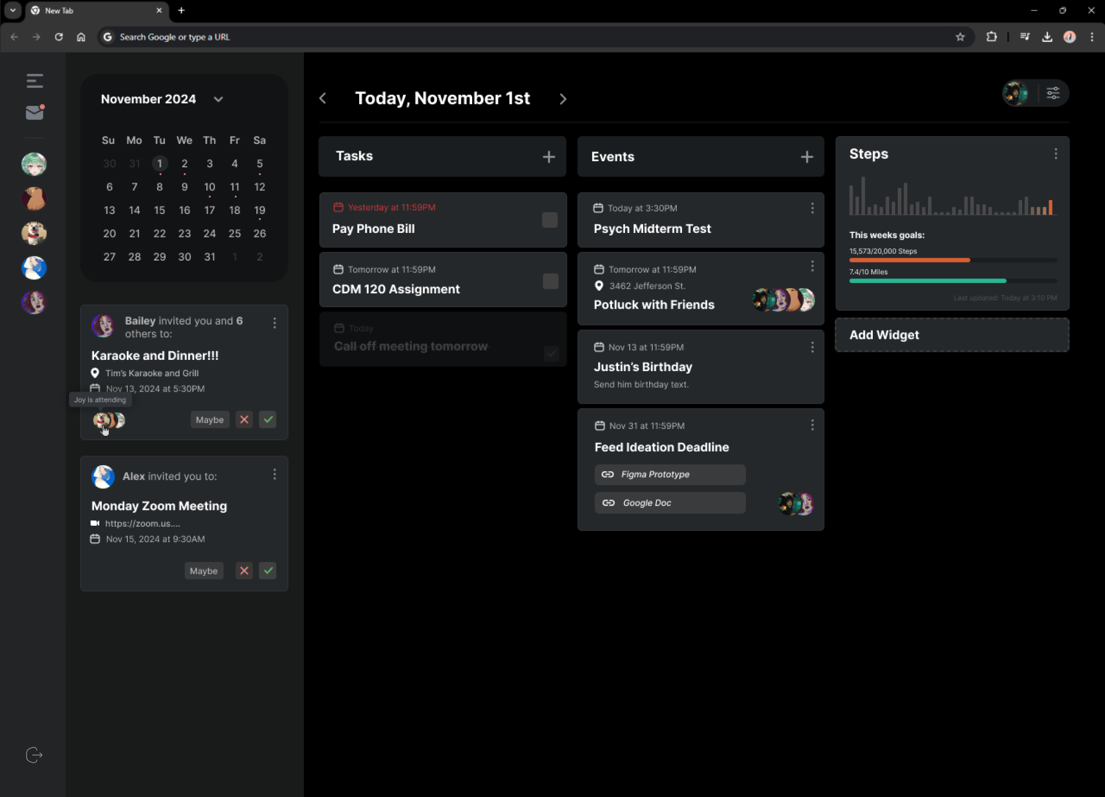 Dashboard interface concept with tasks, events and activity widgets