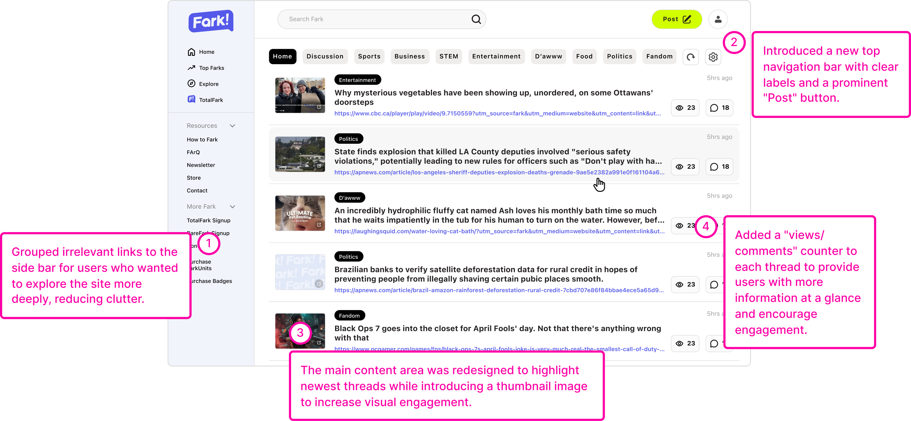 Fark home page high-fidelity design with annotations