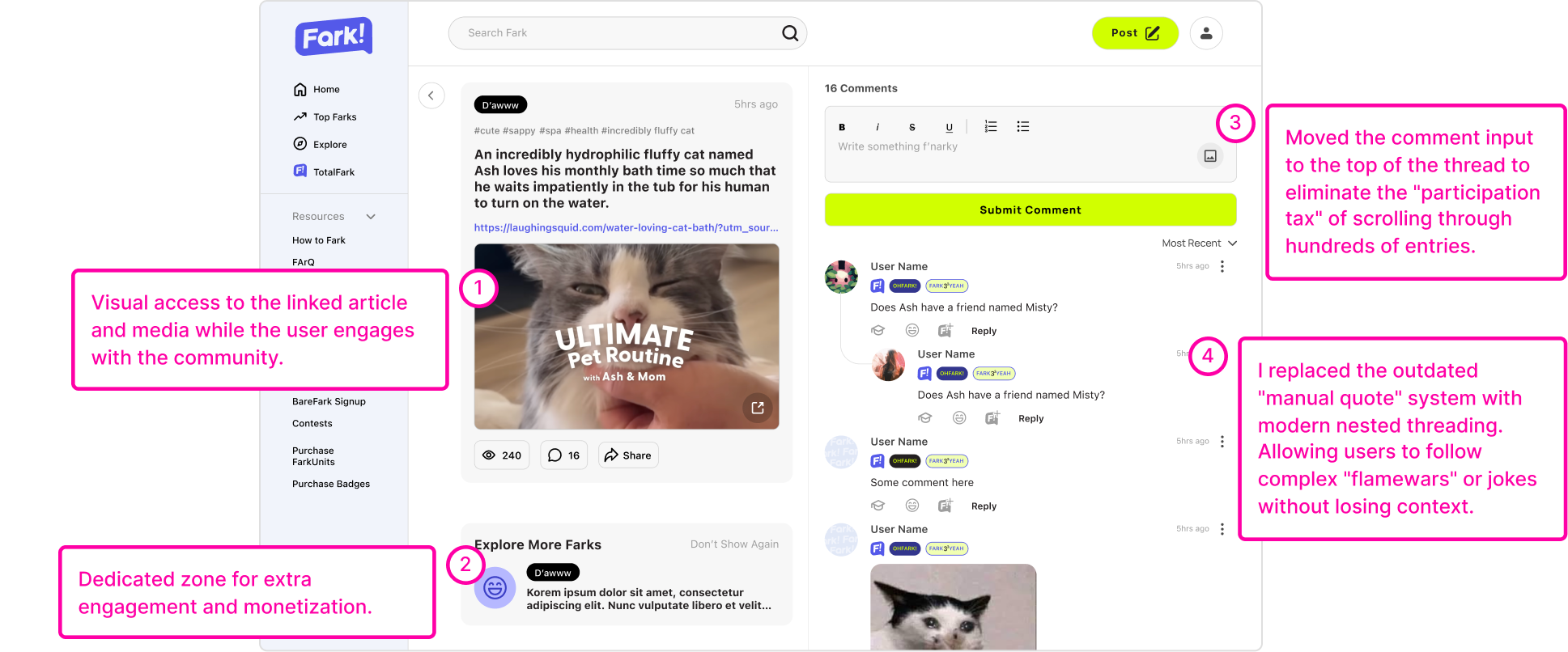 Fark post page with nested threading and native ad placements