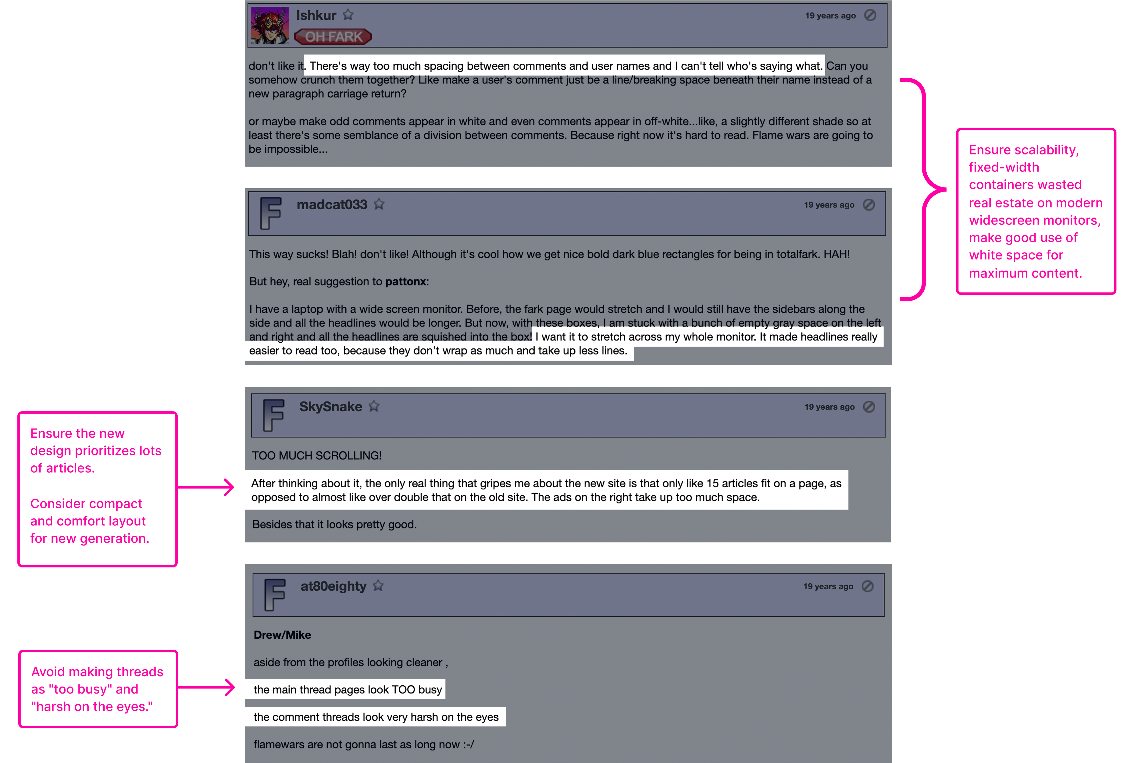 Annotated archive comment threads showing community complaints about the previous Fark redesign