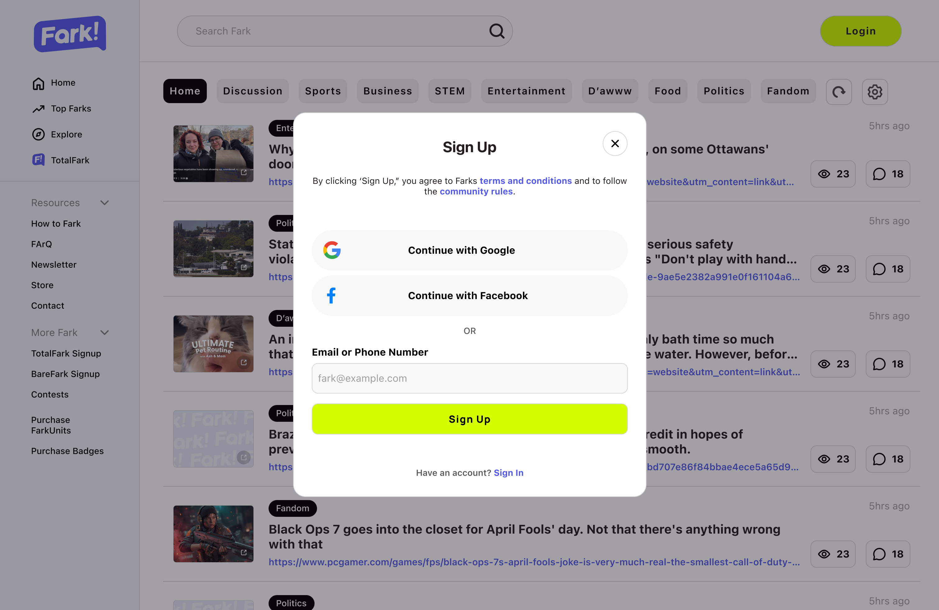 Fark sign up modal over the home feed