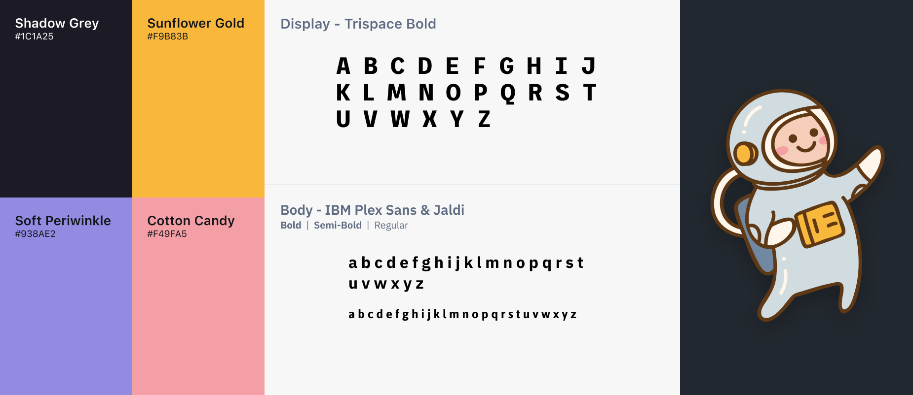 Hubbble design system: color palette, display and body typefaces, and the astronaut mascot