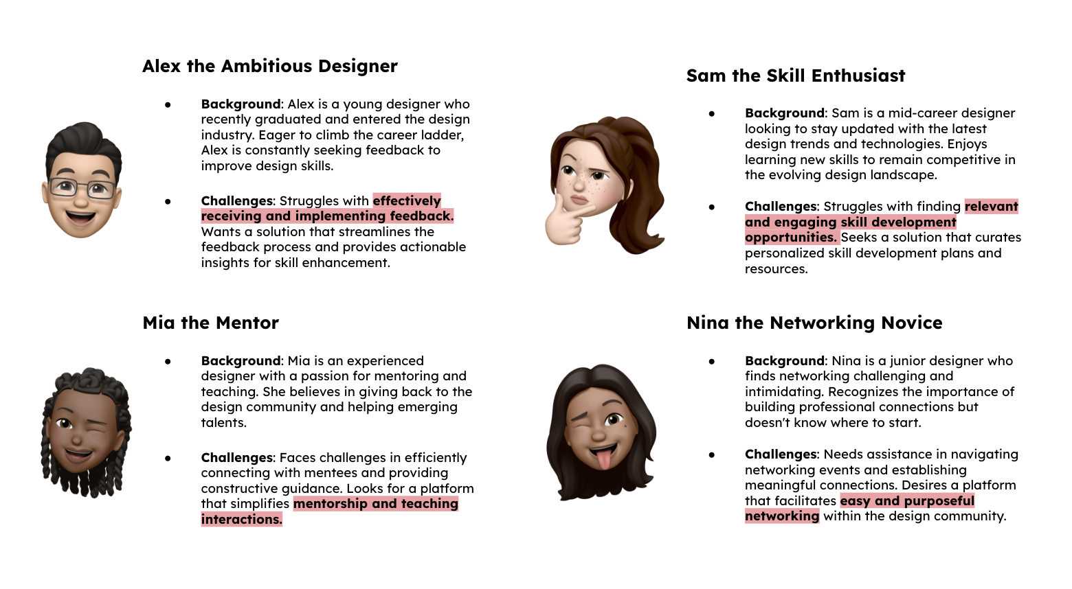 Four personas: Alex the ambitious designer, Sam the skill enthusiast, Mia the mentor, Nina the networking novice