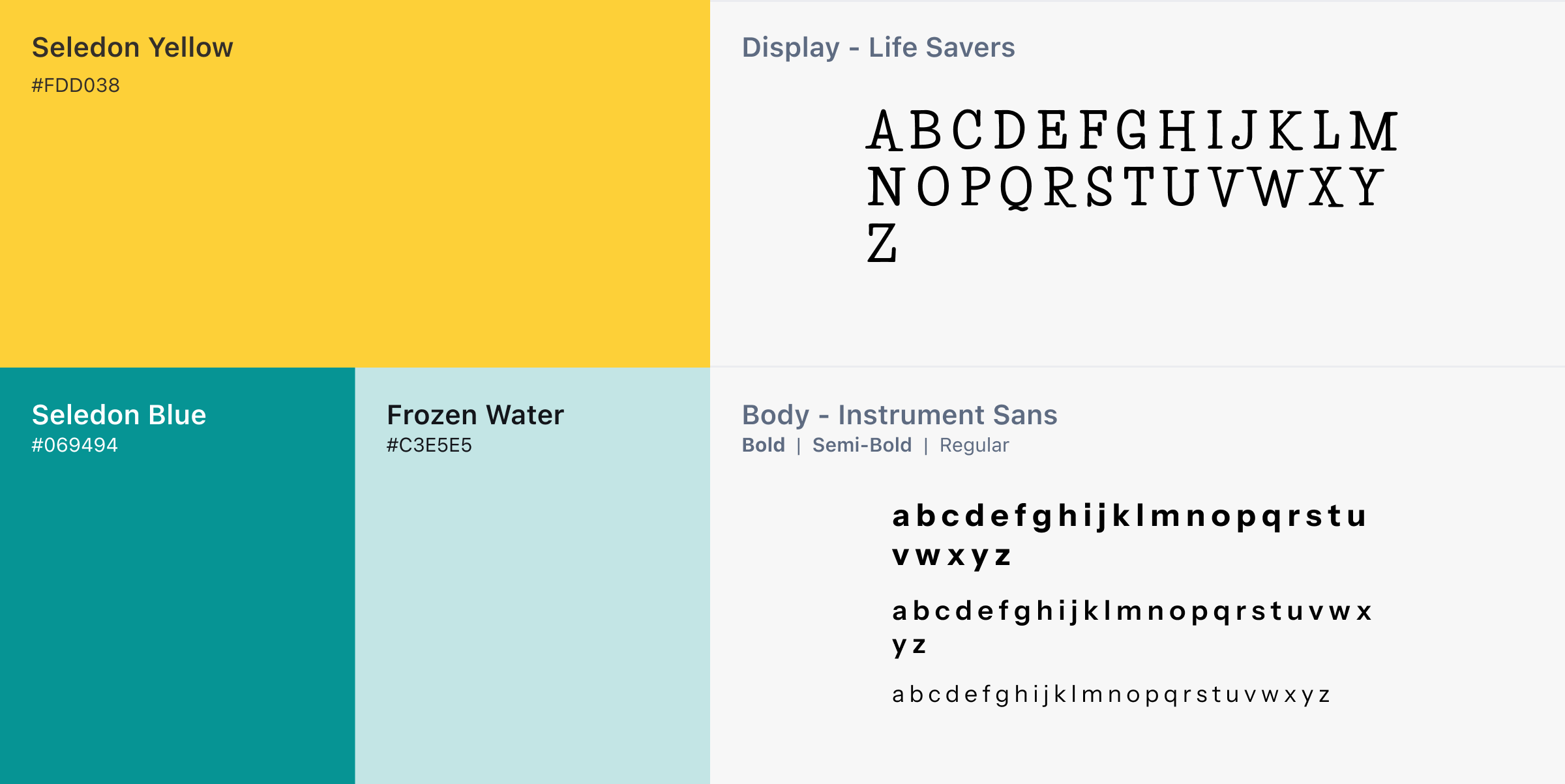 Seledon brand system — Seledon Yellow, Seledon Blue and Frozen Water with Life Savers and Instrument Sans