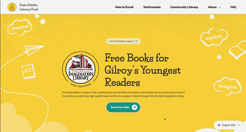 Final Susie Seledon Literacy Fund site — homepage scroll-through