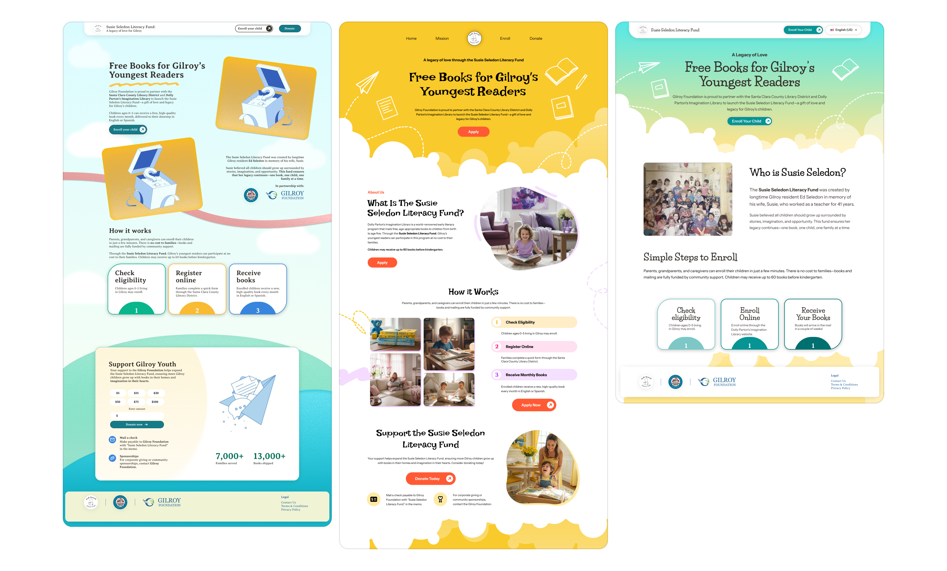 Three homepage concepts explored for the Susie Seledon Literacy Fund