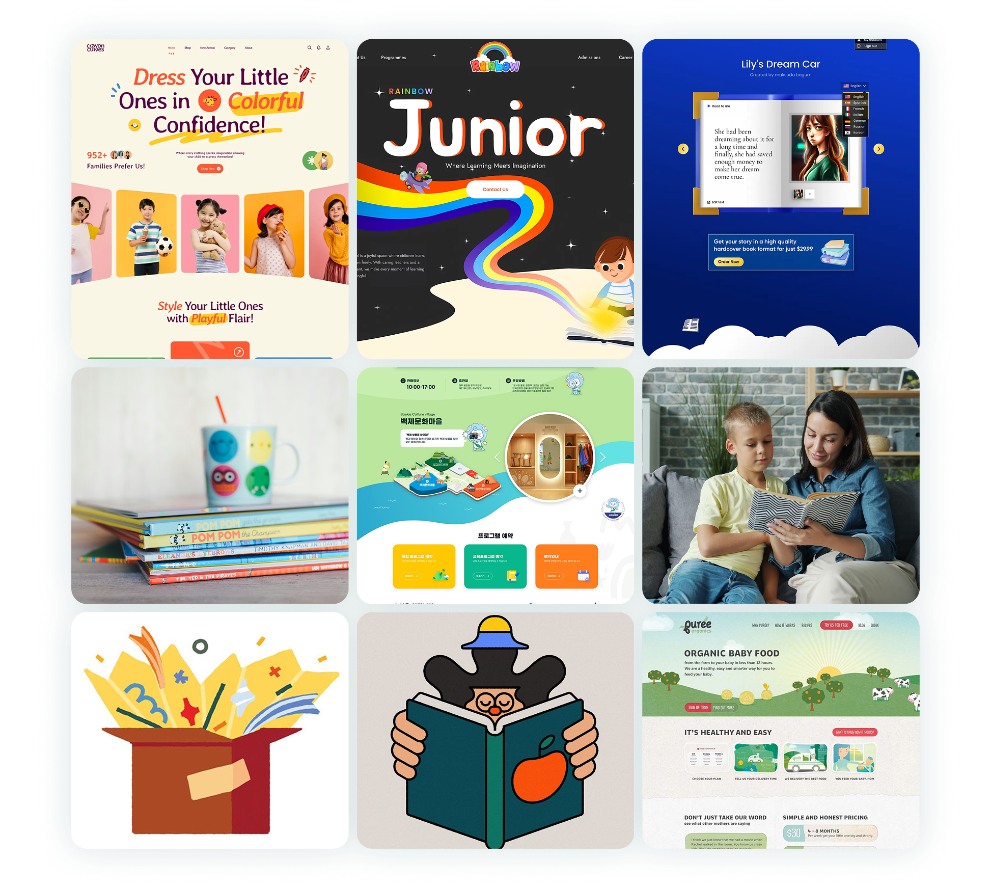 Moodboard of children's literacy and education sites, illustration styles and reading photography